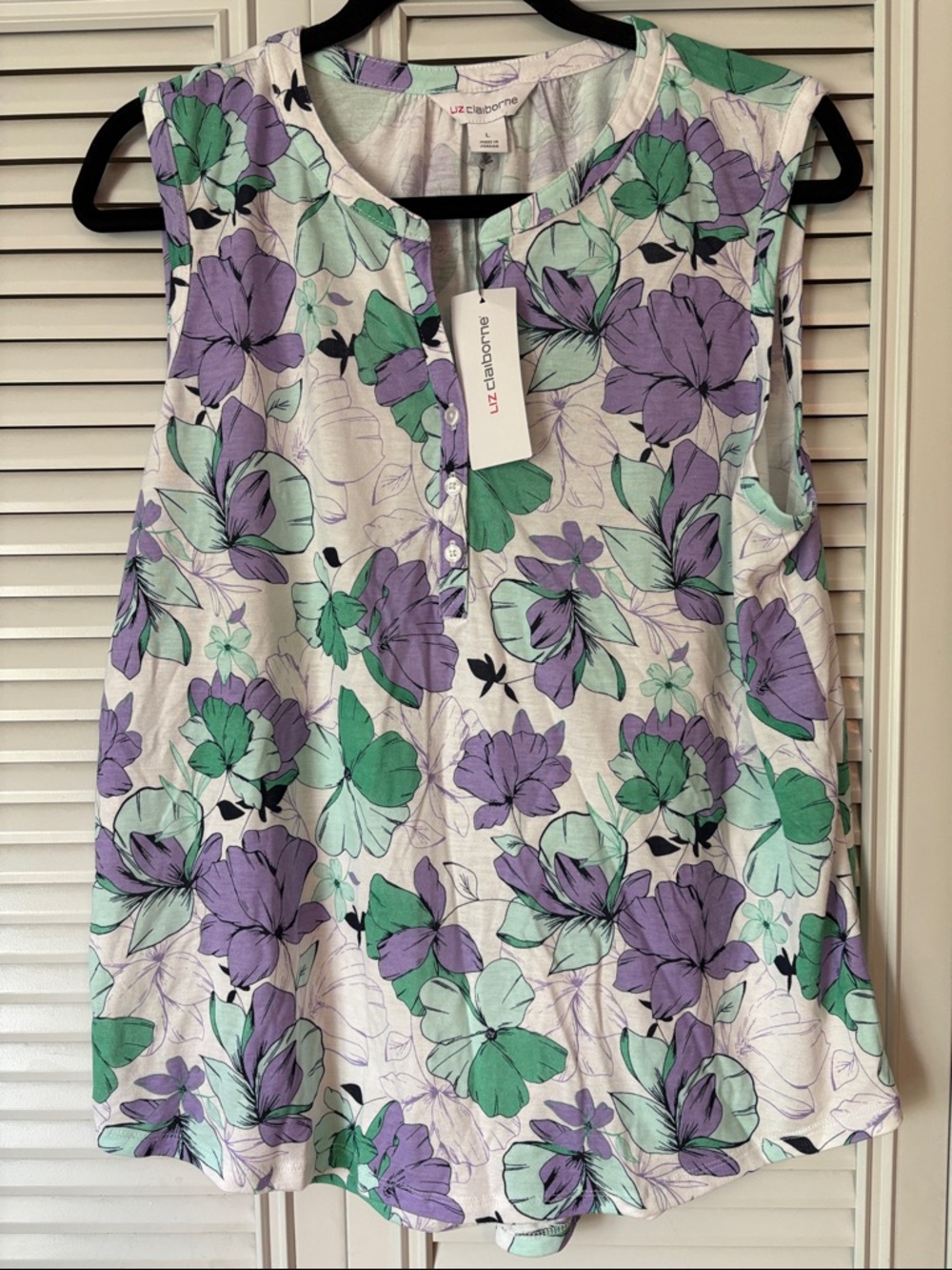Liz Claiborne Purple & Mint Floral Sleeveless Henley Top Size L - Picture 2 of 9